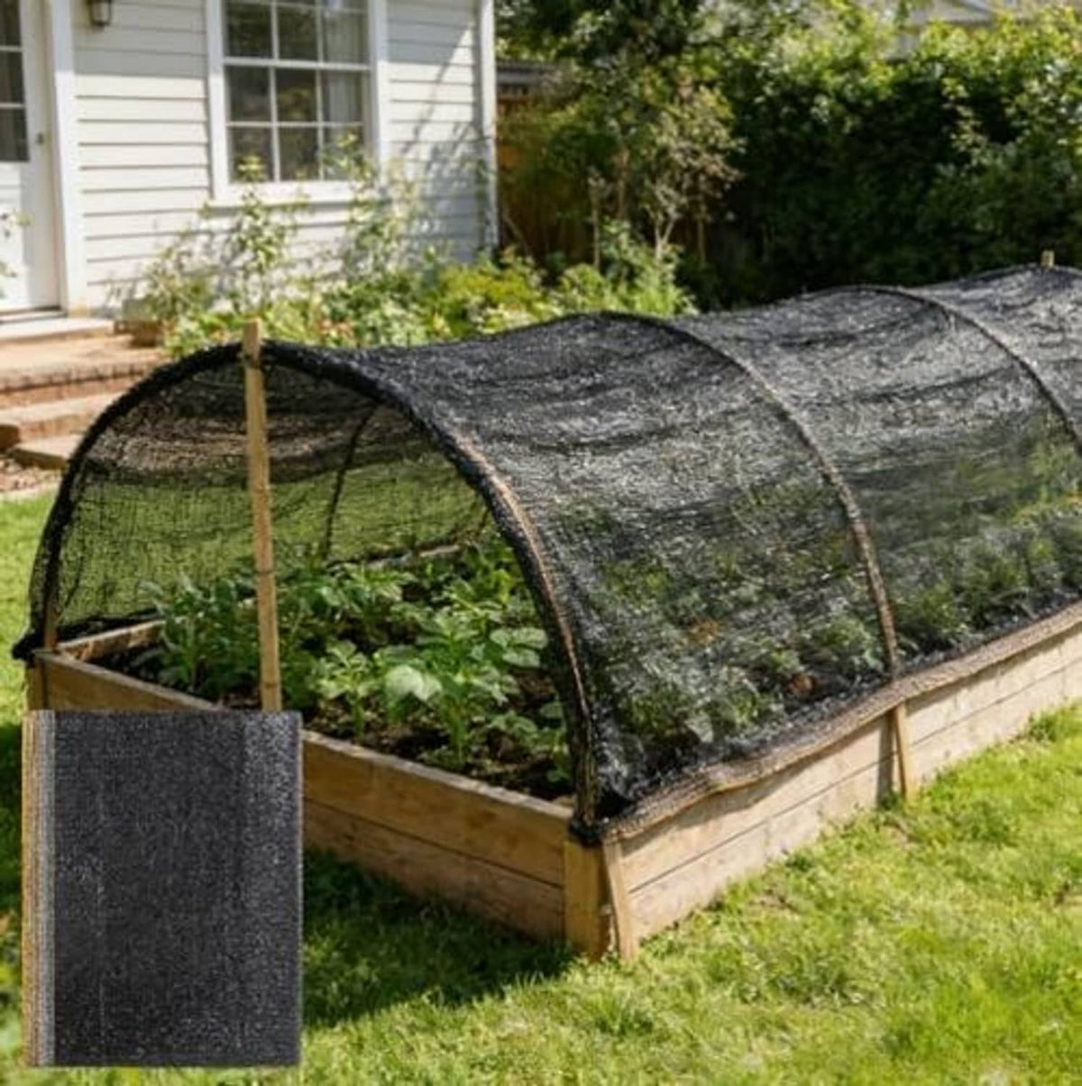 Garden sun shade mesh cloth, dark gray HDPE covering raised bed plants