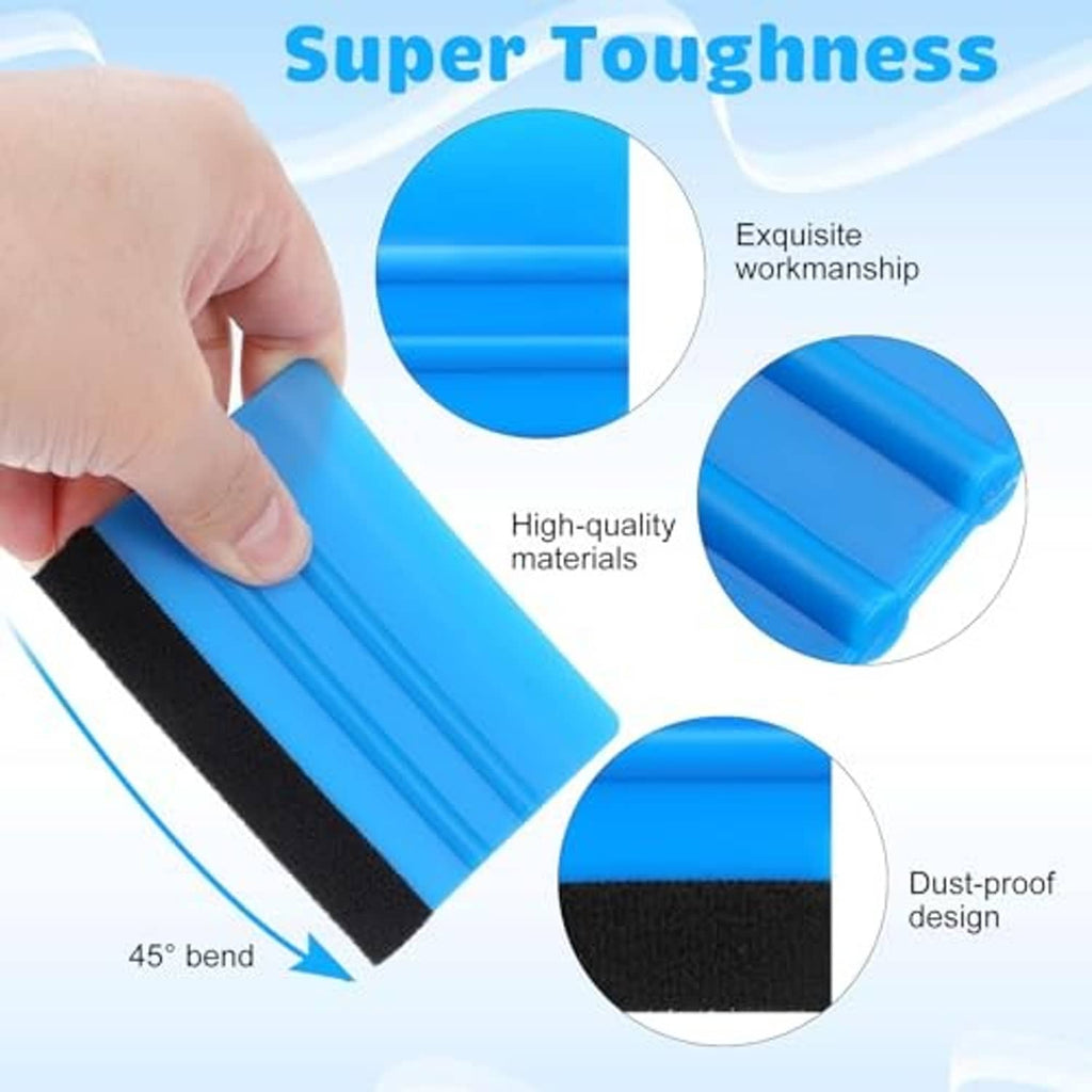 Blue felt-edge squeegee tool shown flexing, with black non-scratch base strip