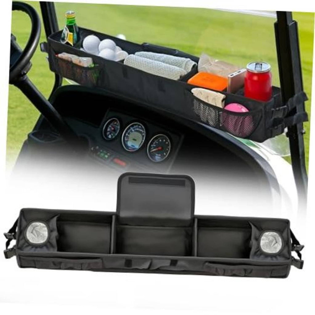 Black front golf cart storage basket with mesh pockets and two cup holders
