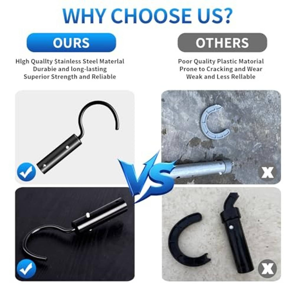 Stainless steel pool cleaner hook shown in durability comparison graphic with close-up