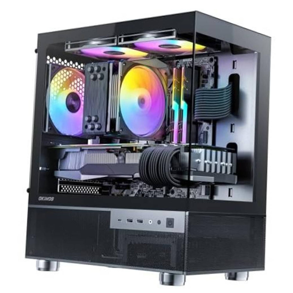 Black micro ATX PC case with open frame, tempered glass panels, RGB 120mm fans
