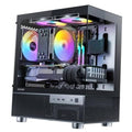 Black micro ATX PC case with open frame, tempered glass panels, RGB 120mm fans