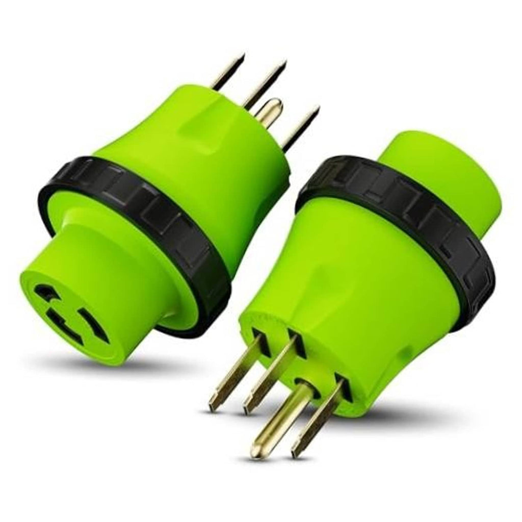 Green RV twist-lock electrical adapter with male plug prongs and female socket pins