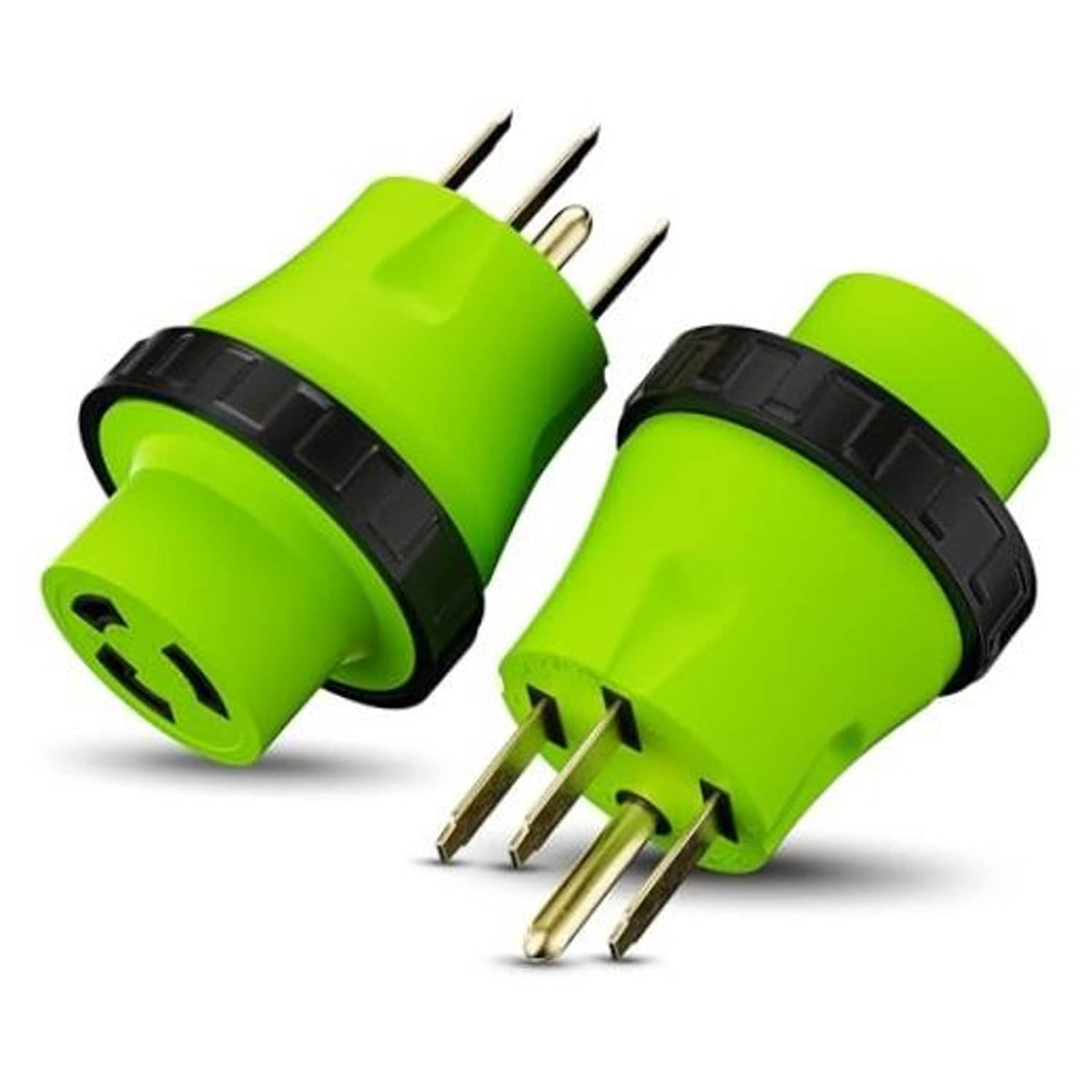 Green RV twist-lock electrical adapter with male plug prongs and female socket pins