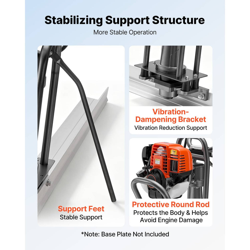 Gas-powered concrete screed machine with vibration-damping support and protective rod