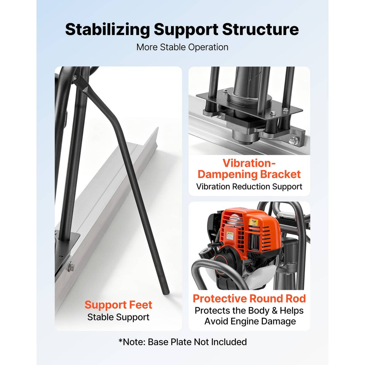 Gas-powered concrete screed machine with vibration-damping support and protective rod