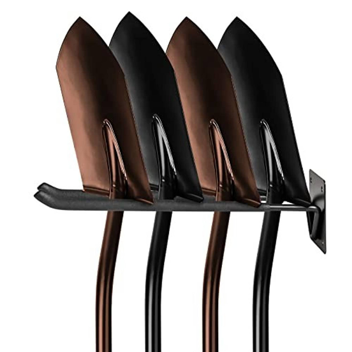 Black double wall hook holding a bundle of shovels with metal handles