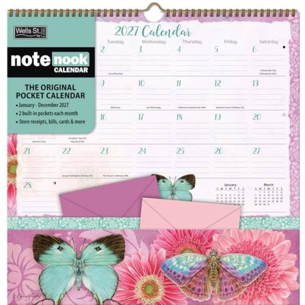Butterflies 2027 pocket calendar with spiral binding and pink floral border, Note Nook by Jane Shasky