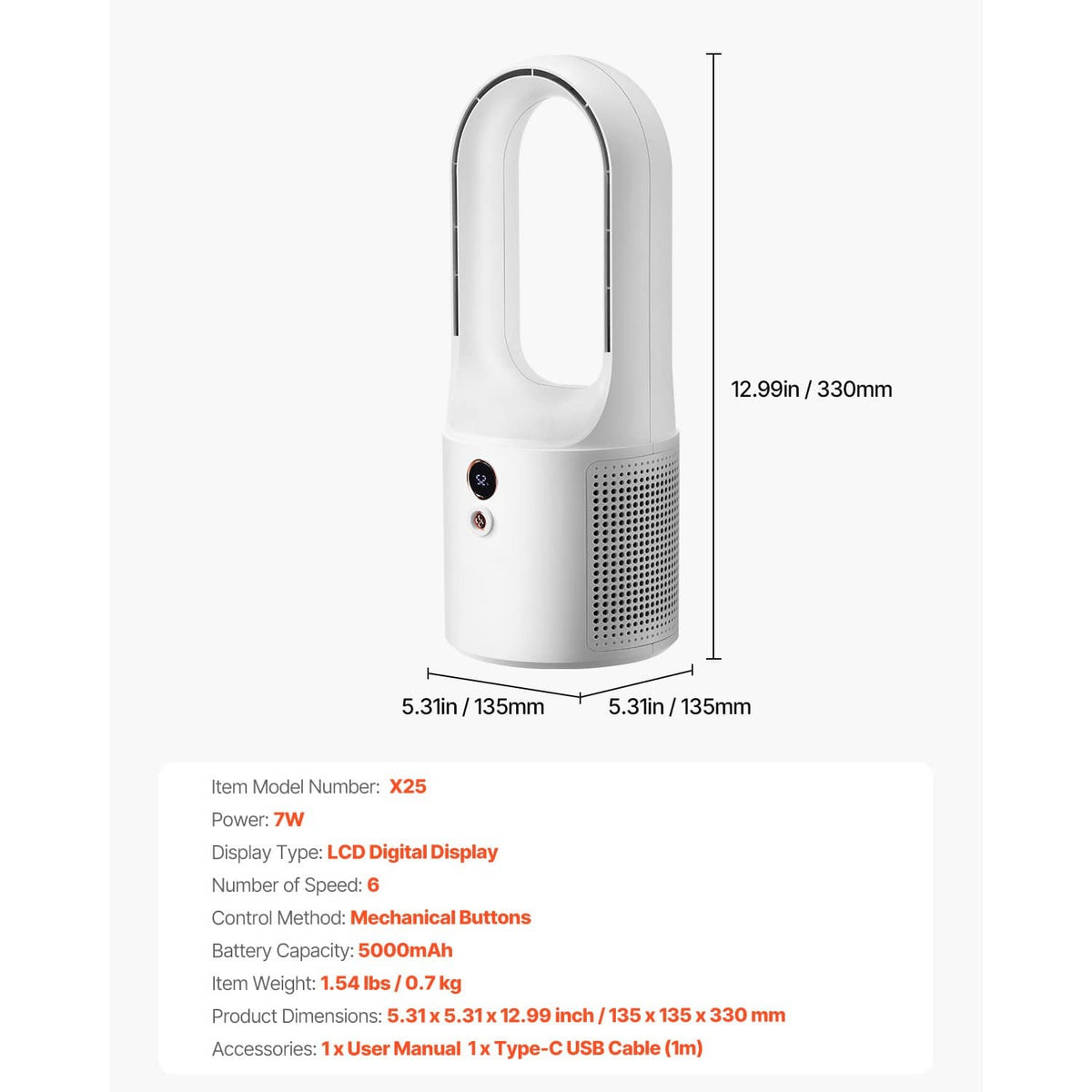 White bladeless tower-style desk fan with arched inlet and perforated lower grille.