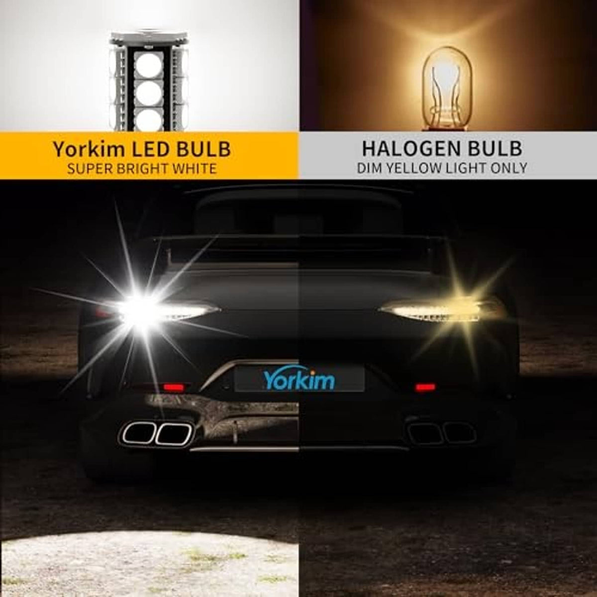 LED car headlight bulb package showing two bright white beams for comparison