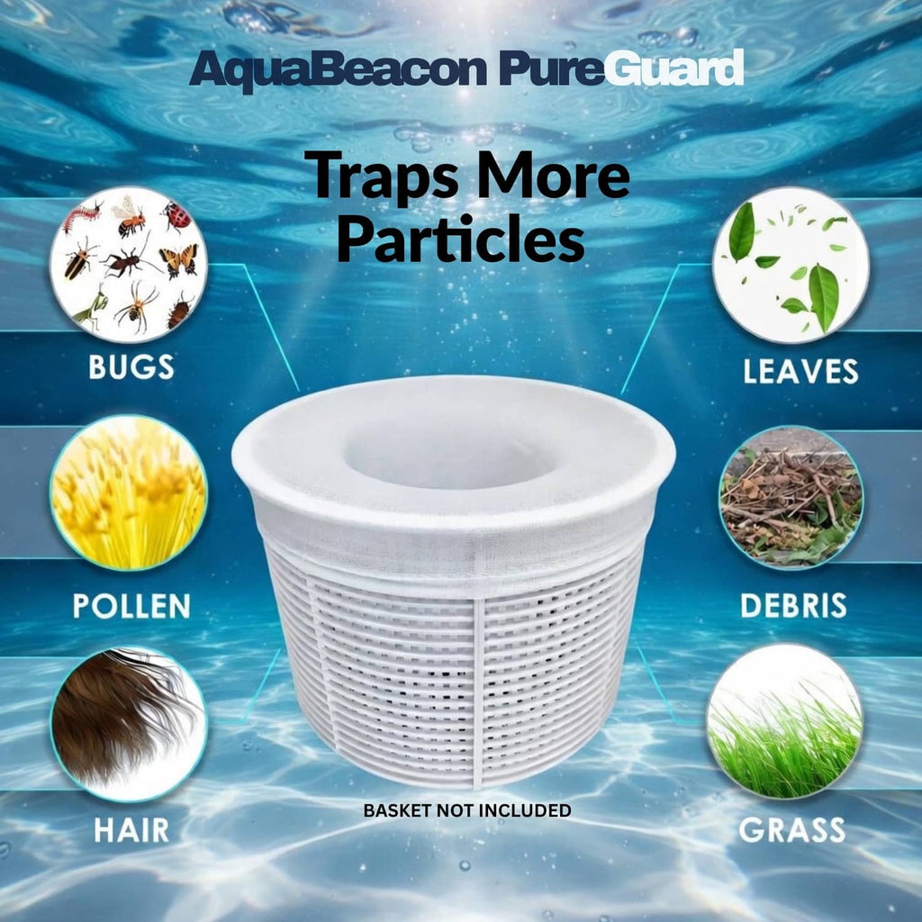 Aquabeacon PureGuard pool skimmer basket insert with infographic