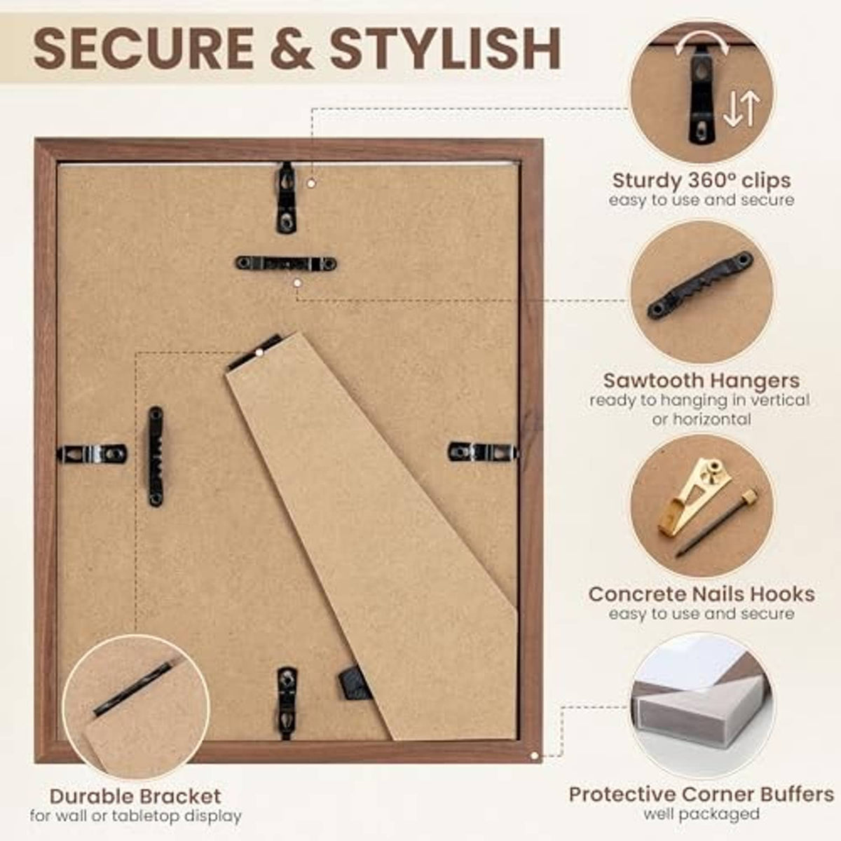Walnut picture frame with secure 360° clips, sawtooth hangers, and corner buffers.