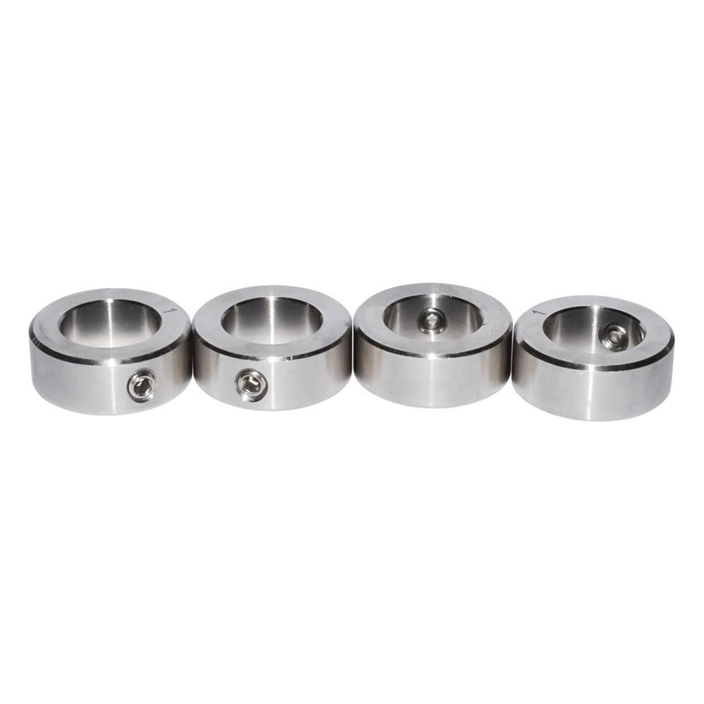 Four stainless steel shaft collars, each with side set screw and machined bore