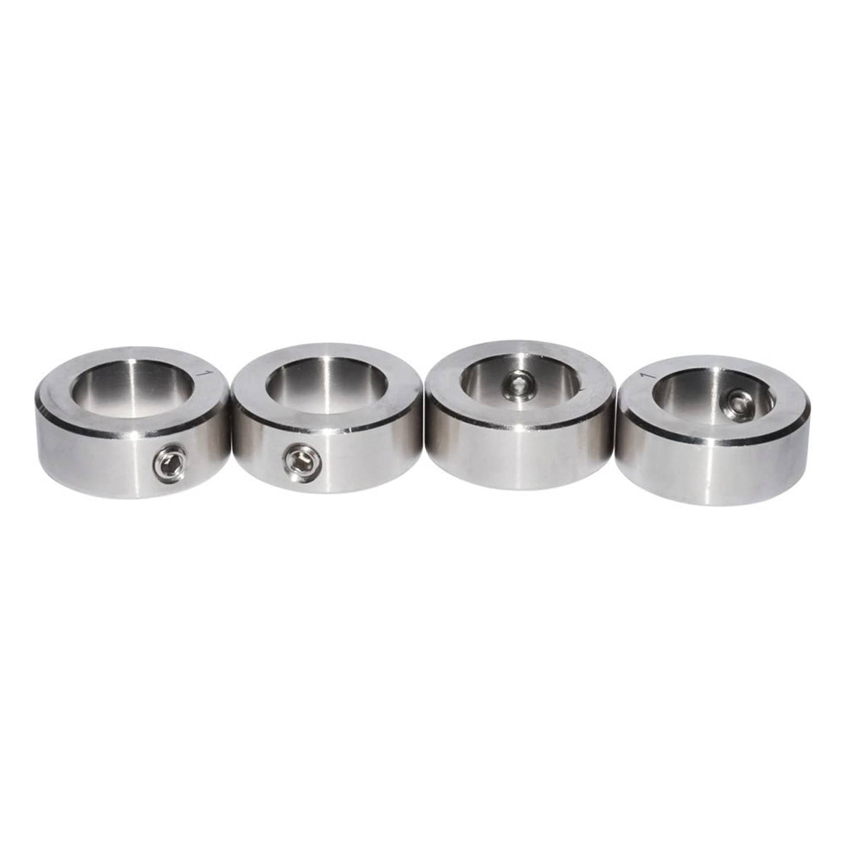 Four stainless steel shaft collars, each with side set screw and machined bore