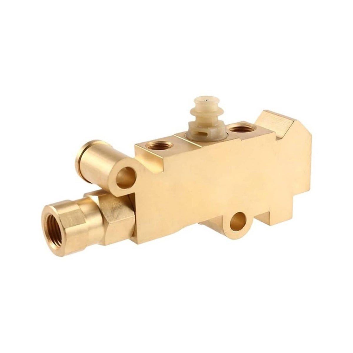 Brass proportioning valve with inlet/outlet fittings and a central white vacuum piece