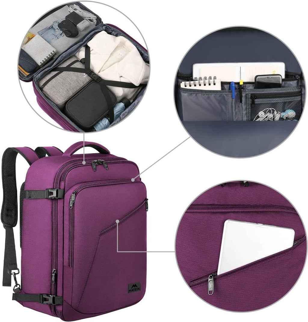 Purple travel backpack close-up with interior organizer pockets and front compartment
