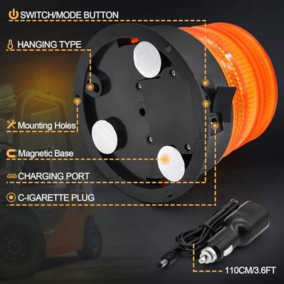 Amber strobe beacon light underside with magnetic base, charging port, and car plug