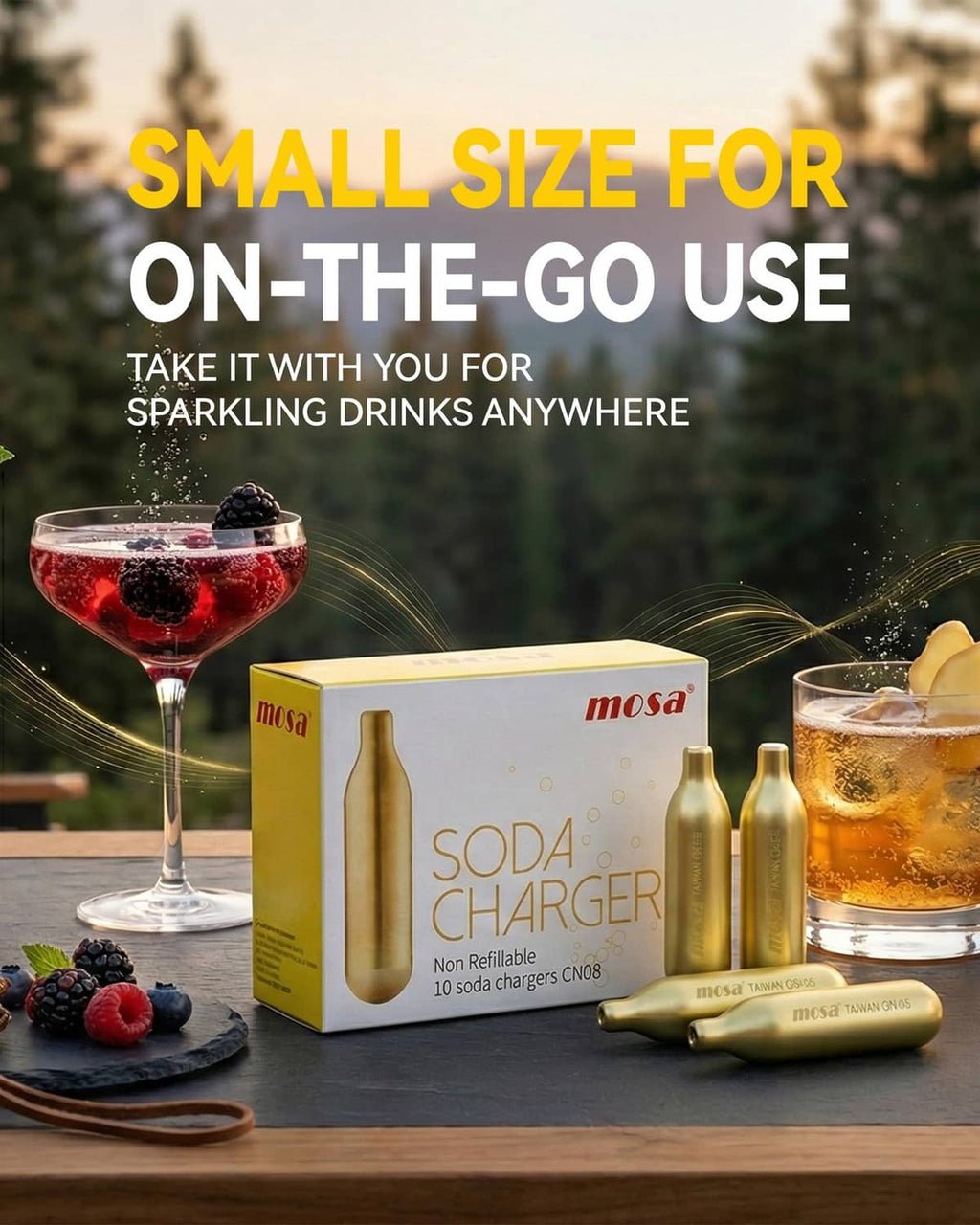 8g CO2 soda charger cartridges in gold with soda charger box and canisters
