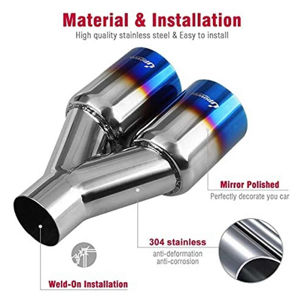 Mirror-polished stainless dual exhaust tips with blue-purple burnt sleeves and black openings