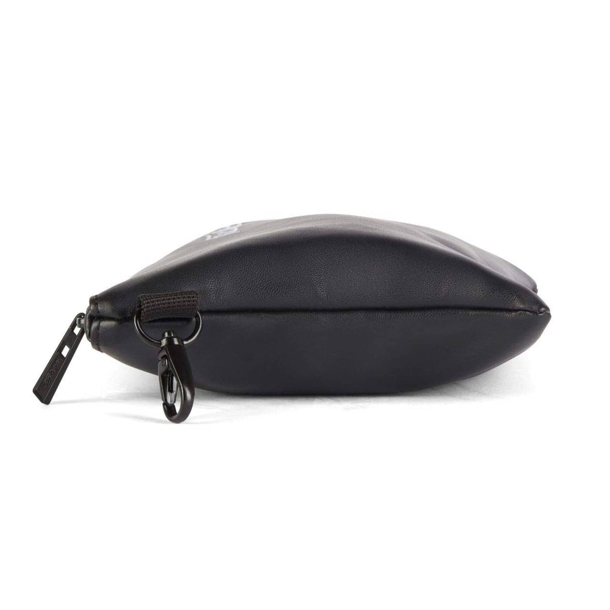 Titleist black zippered golf pouch, end view with clasp and zipper pull