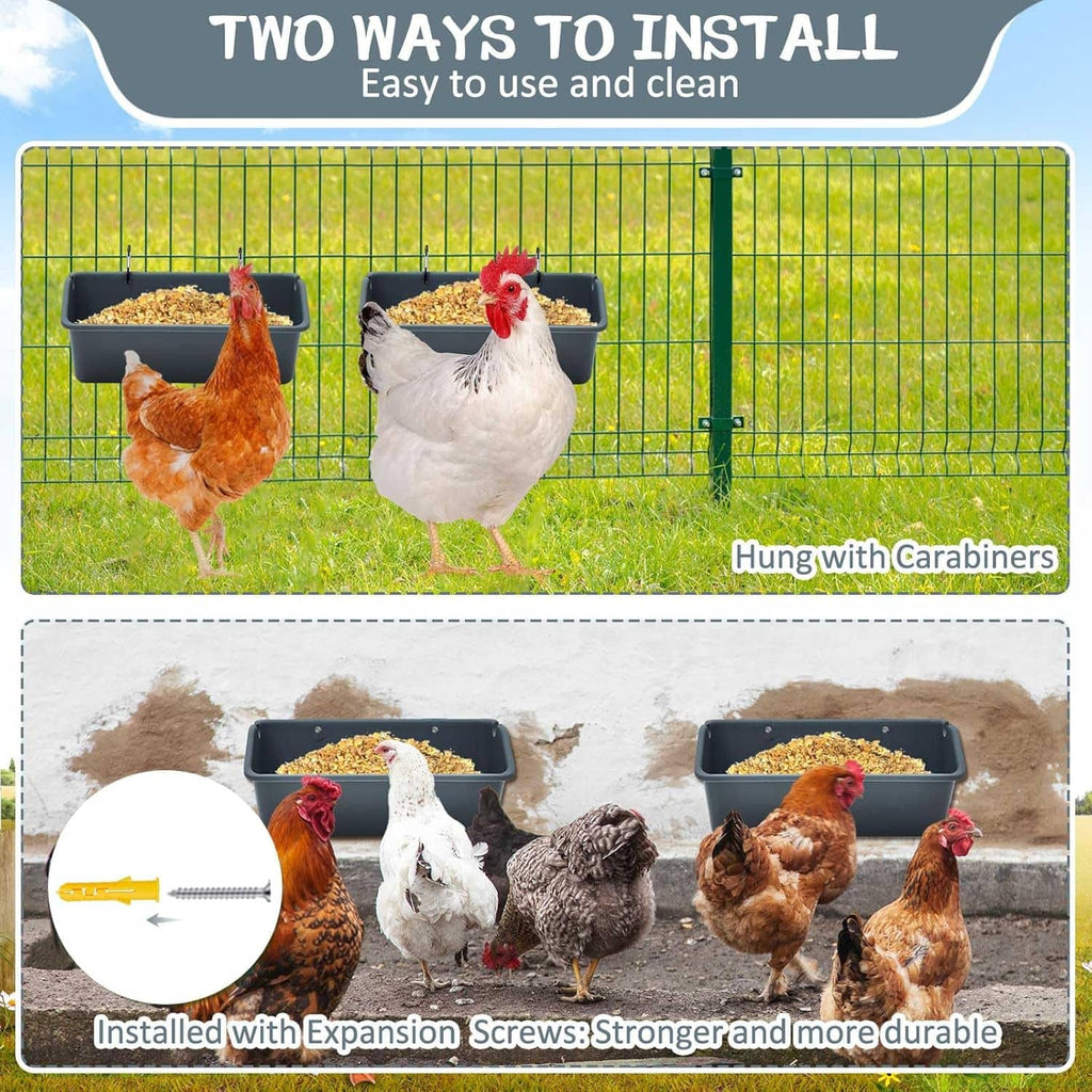 Two dark gray hanging feeder troughs on fence with carabiners
