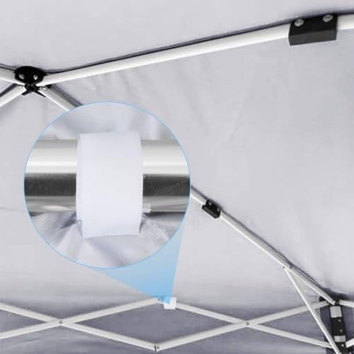 Canopy top cover underside with white reinforced webbing straps on frame
