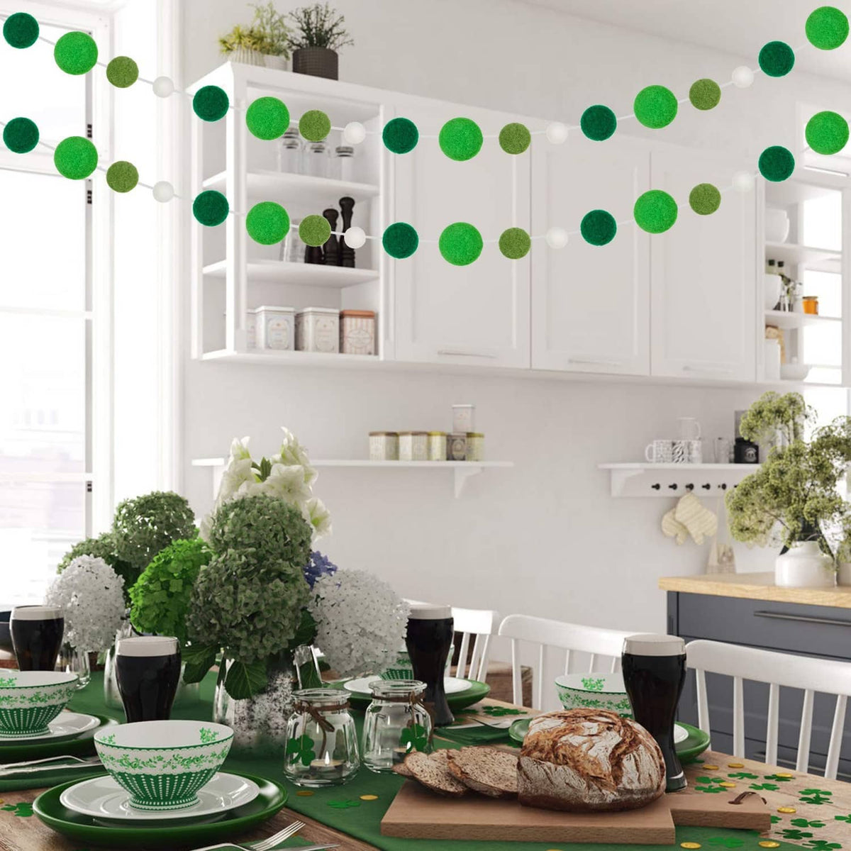 Green felt ball garland with white bead spacers for hanging decor