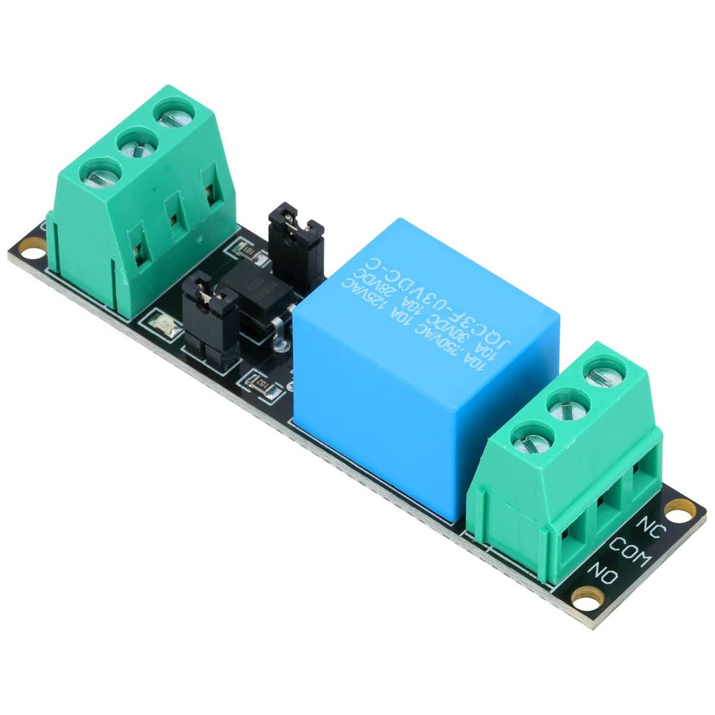 Compact relay module board with blue relay, black ICs, and green 3-pin screw terminals