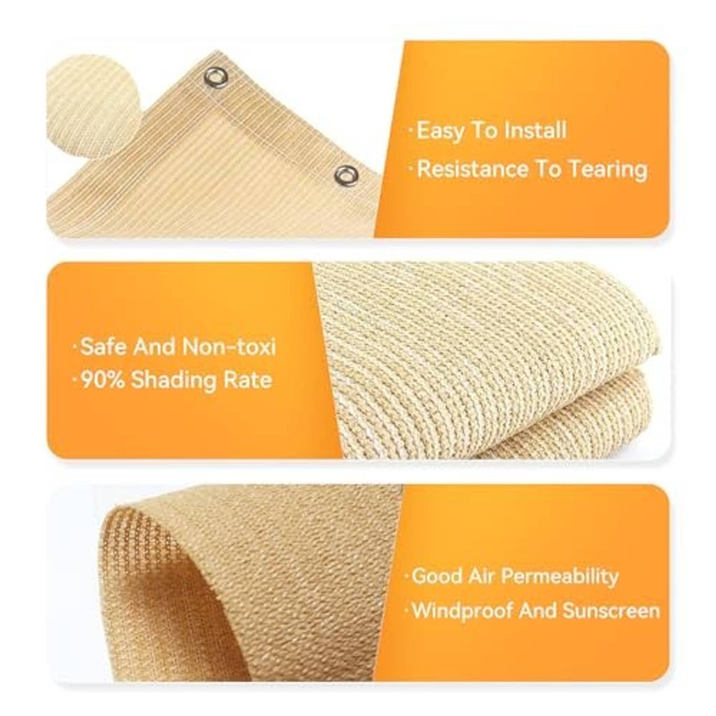 Beige woven shade cloth with grommeted corners, rolled and draped
