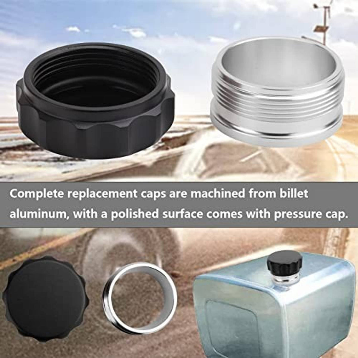 Black and silver aluminum filler neck caps with threaded openings and ridged tops