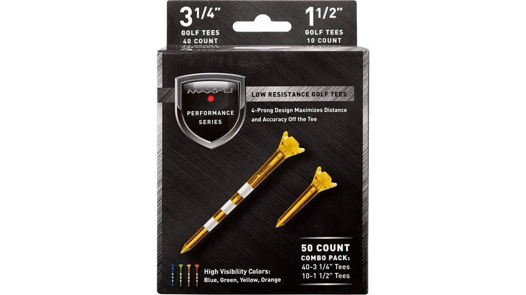 Assorted low-resistance golf tees box, 3 1/4 in and 1 1/2 in sizes, 50 count