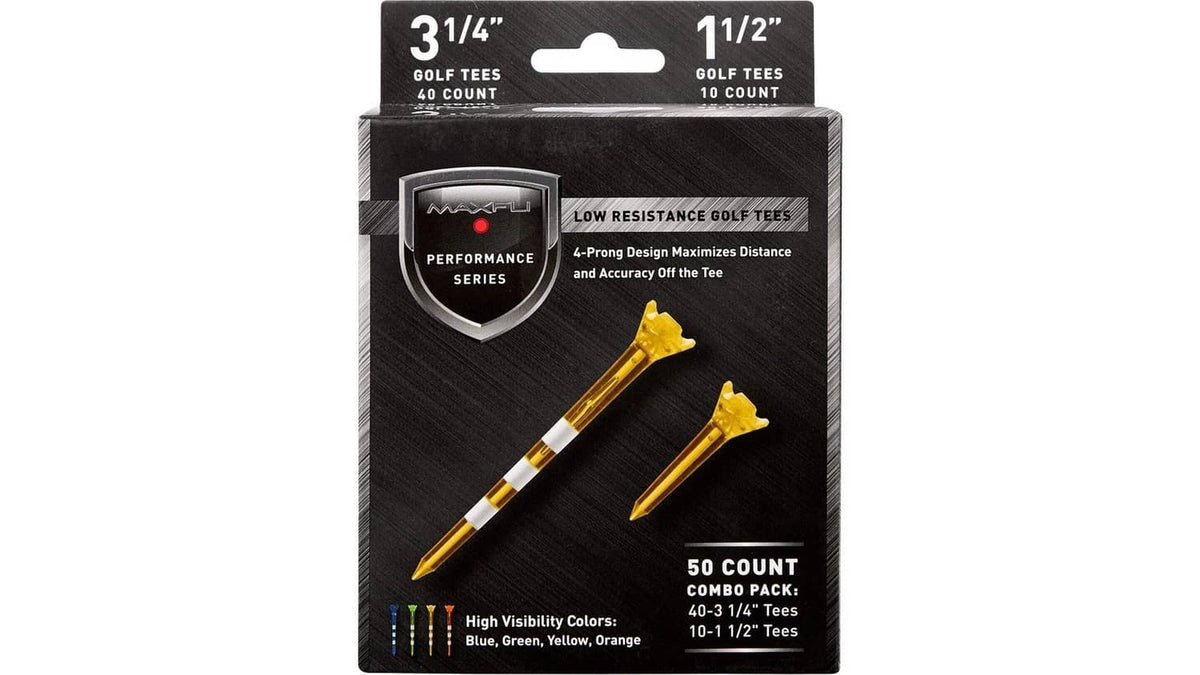 Assorted low-resistance golf tees box, 3 1/4 in and 1 1/2 in sizes, 50 count