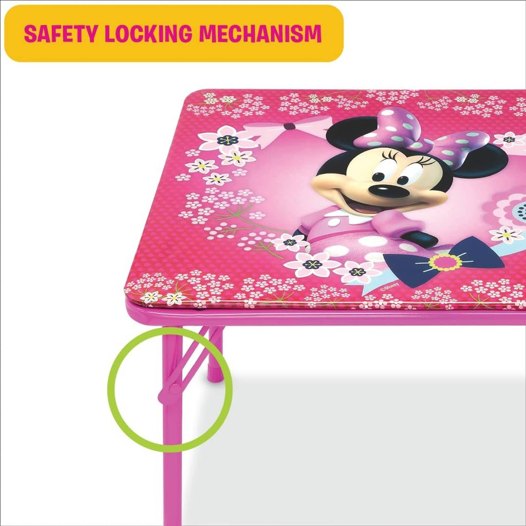 Pink activity table corner with Minnie Mouse graphic on tabletop and sturdy legs