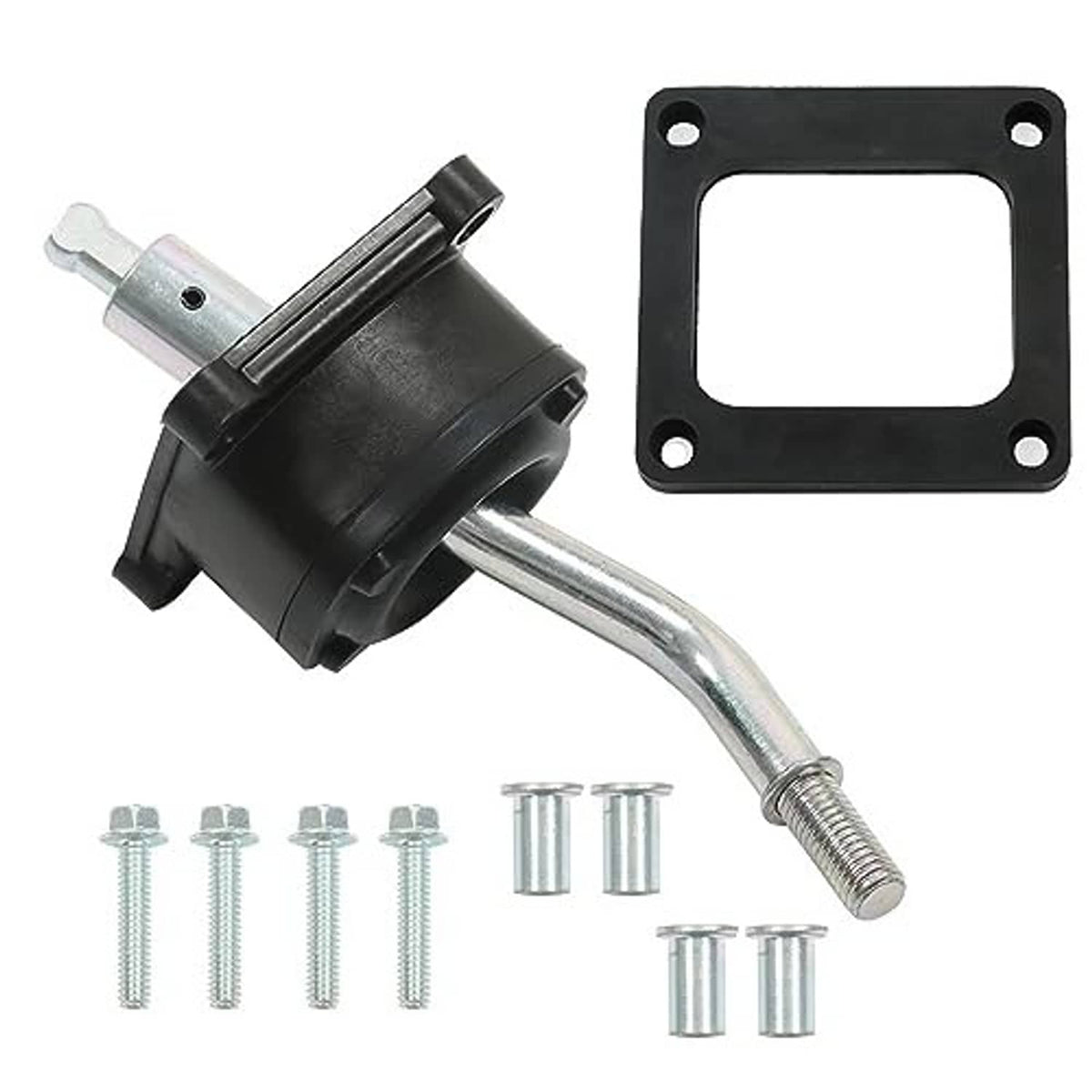 Manual transmission shifter kit with black housing, silver shift arm, gasket plate and bolts