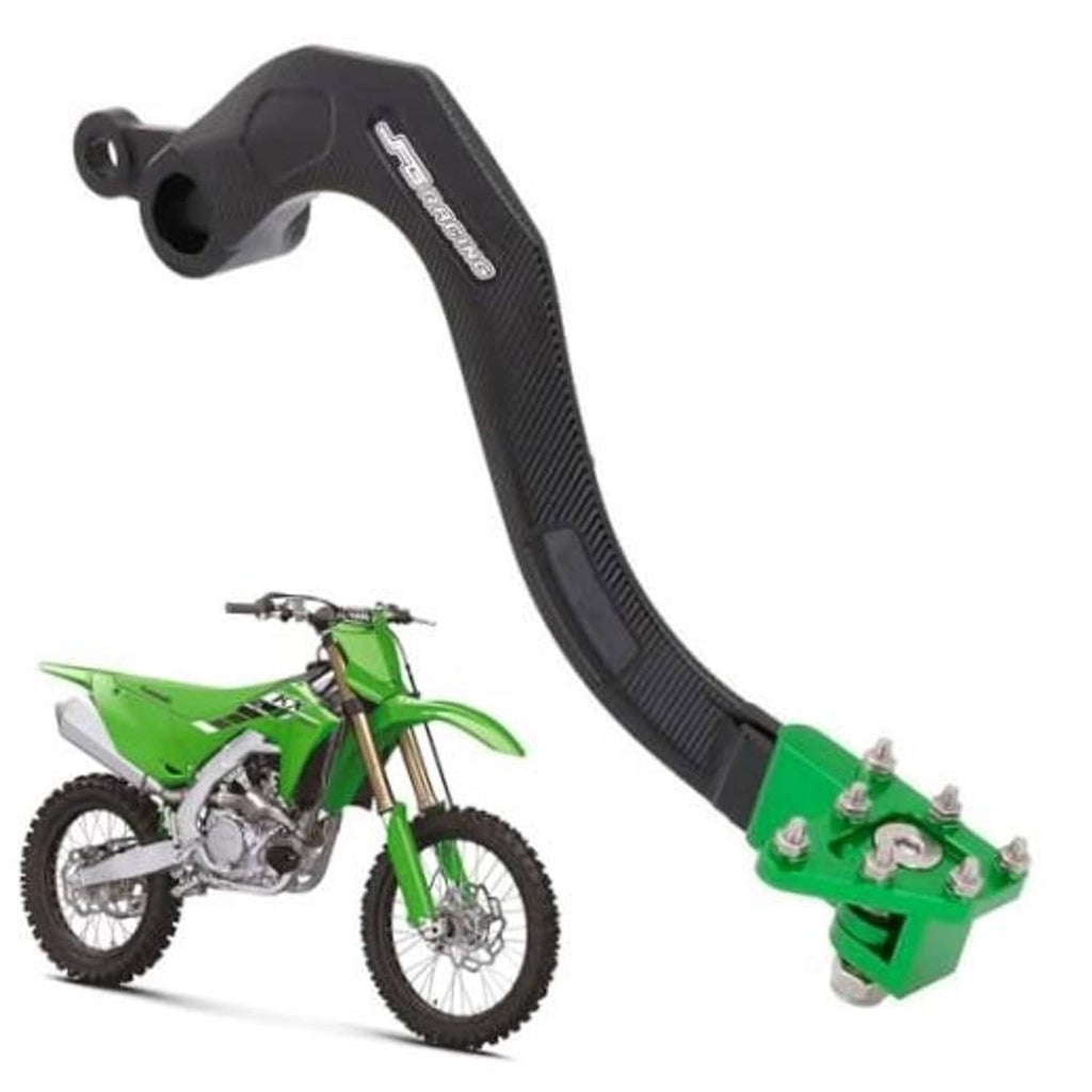 Folding rear brake pedal lever with textured black arm and green mounting base