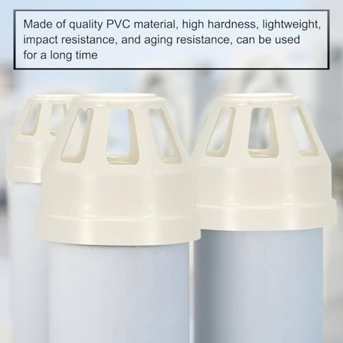 PVC vent cap, white, slotted top and sidewall vent openings, close-up