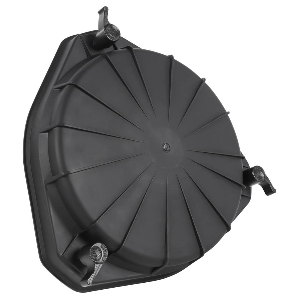 Black round air filter cover lid latch top with mounting tabs and central fastener
