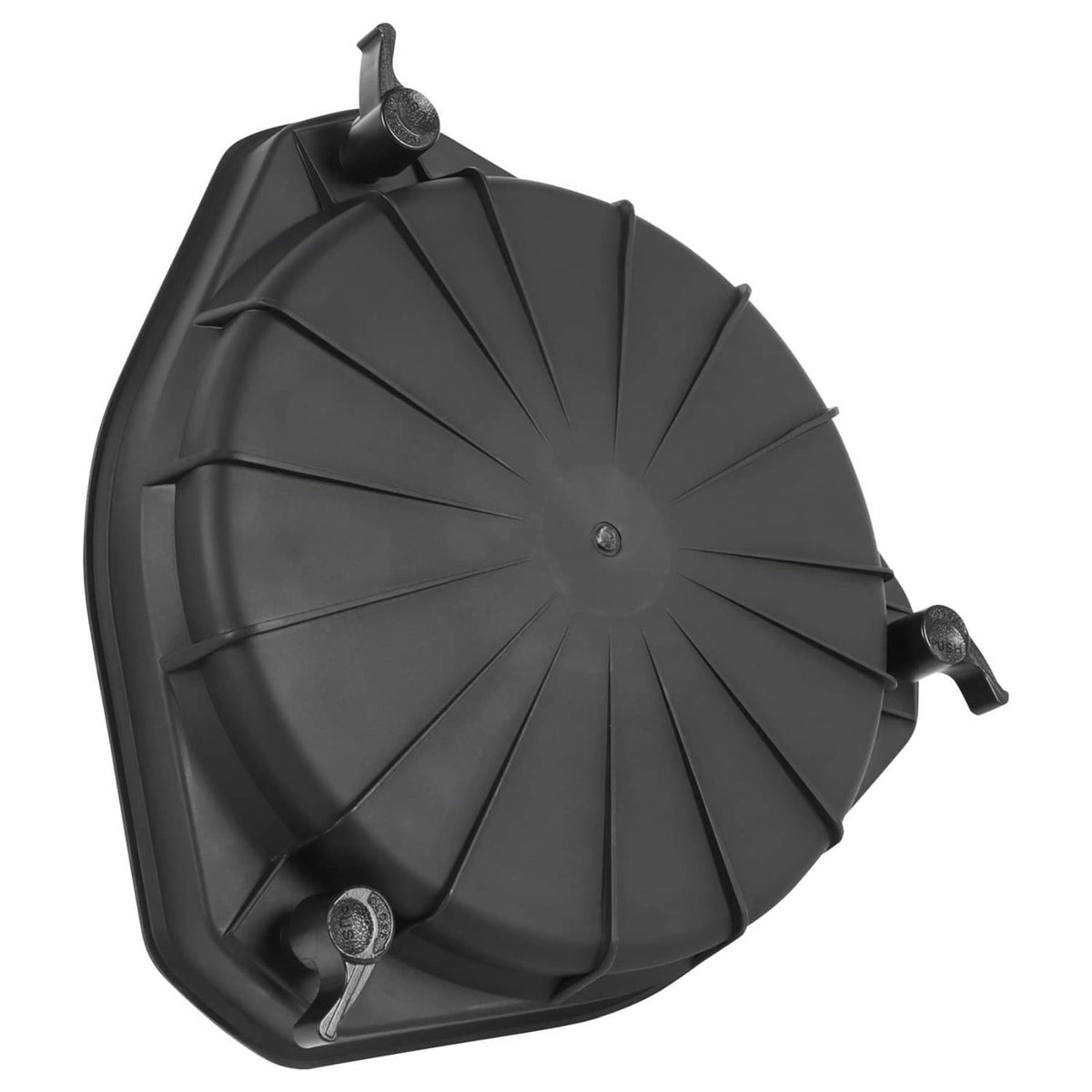 Black round air filter cover lid latch top with mounting tabs and central fastener