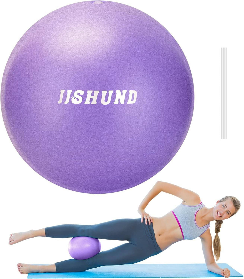 JUSHUND small purple exercise ball, shown with woman in side plank pose