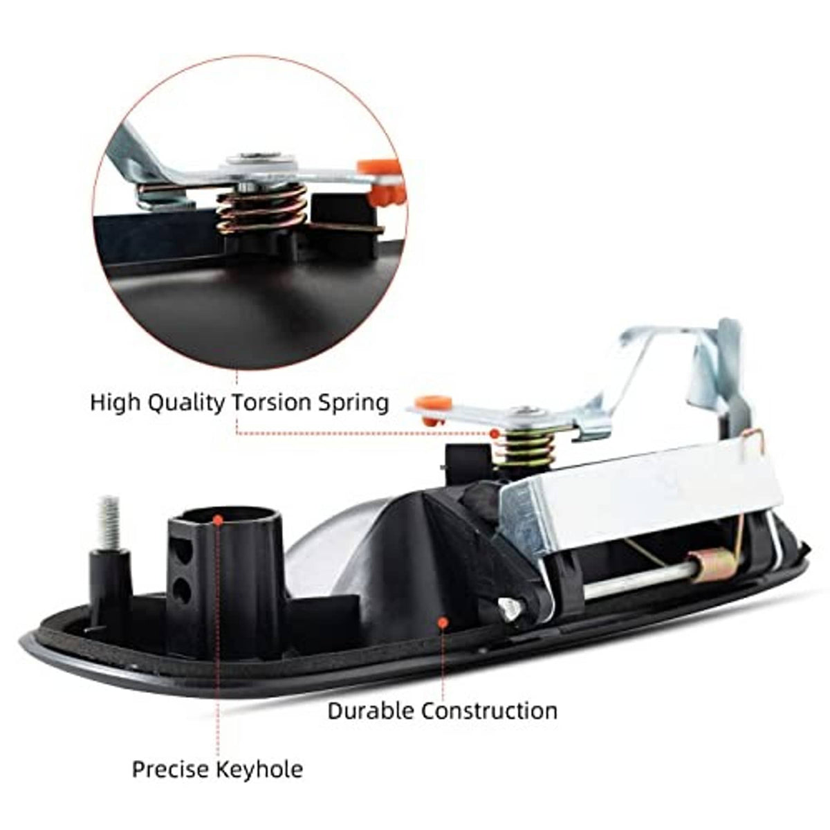 Door handle torsion spring mechanism with black base and metal linkage parts