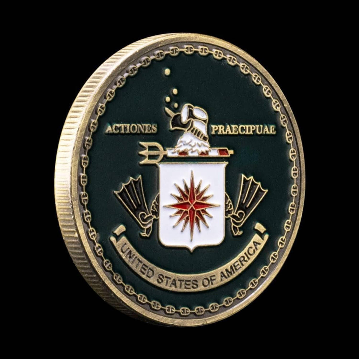 Green military challenge award coin with shield center and crosshair burst emblem