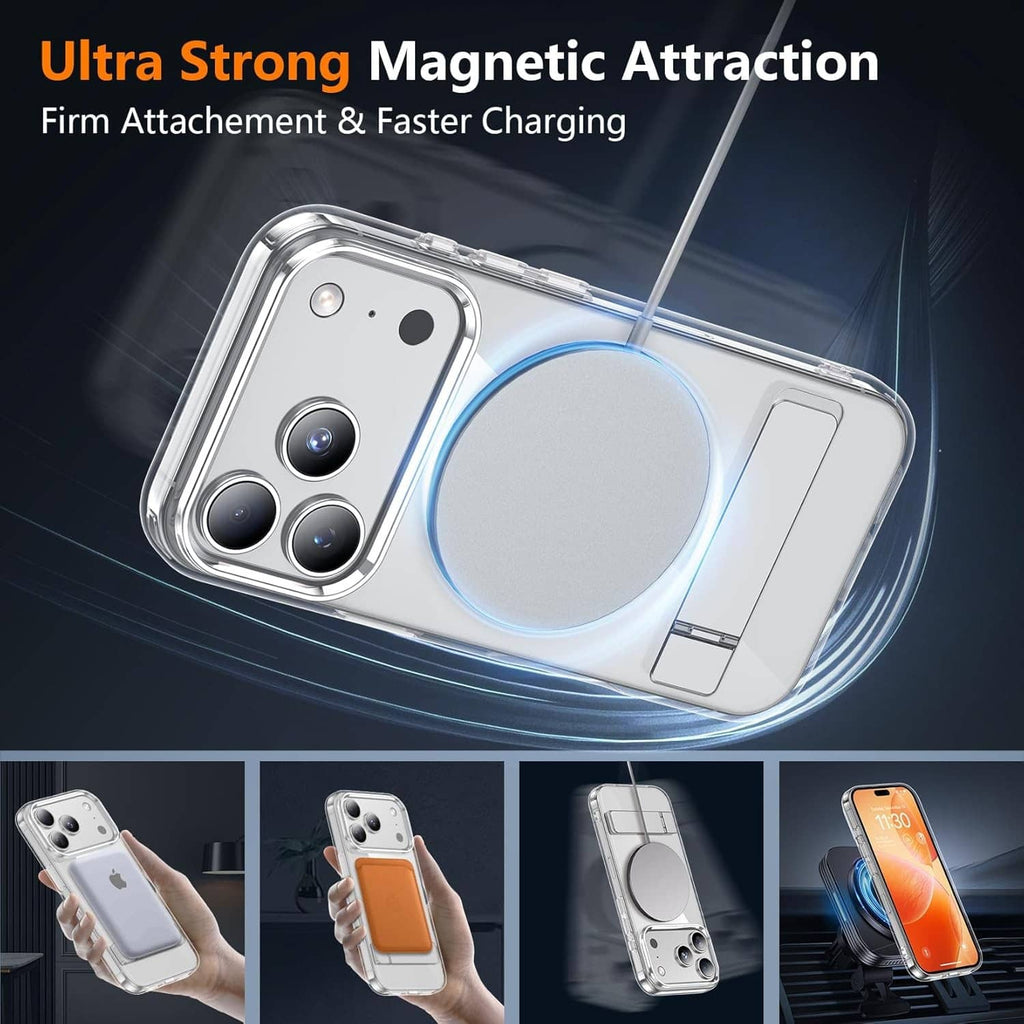 Clear phone case with magnetic attachment and built-in stand for fast charging