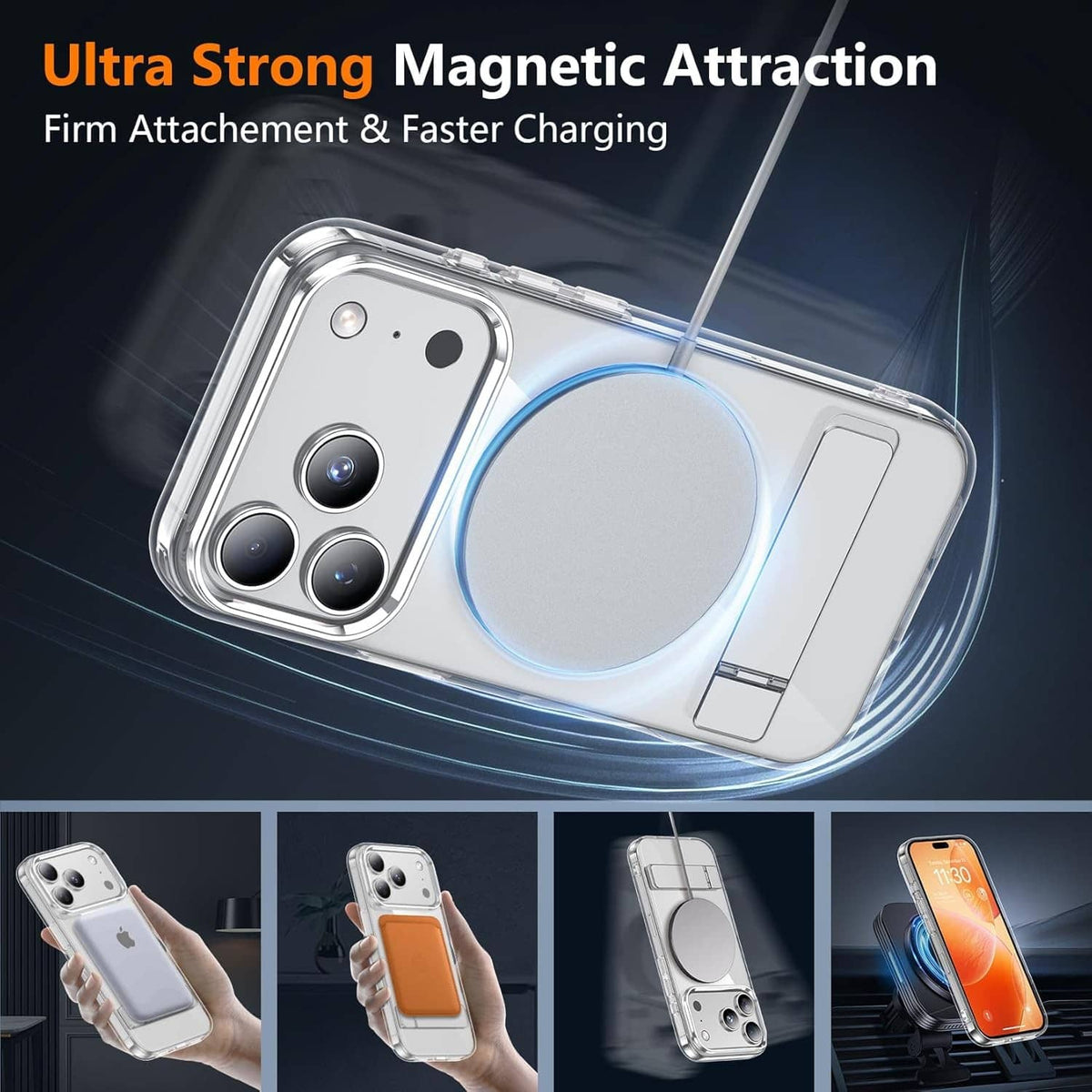 Clear phone case with magnetic attachment and built-in stand for fast charging