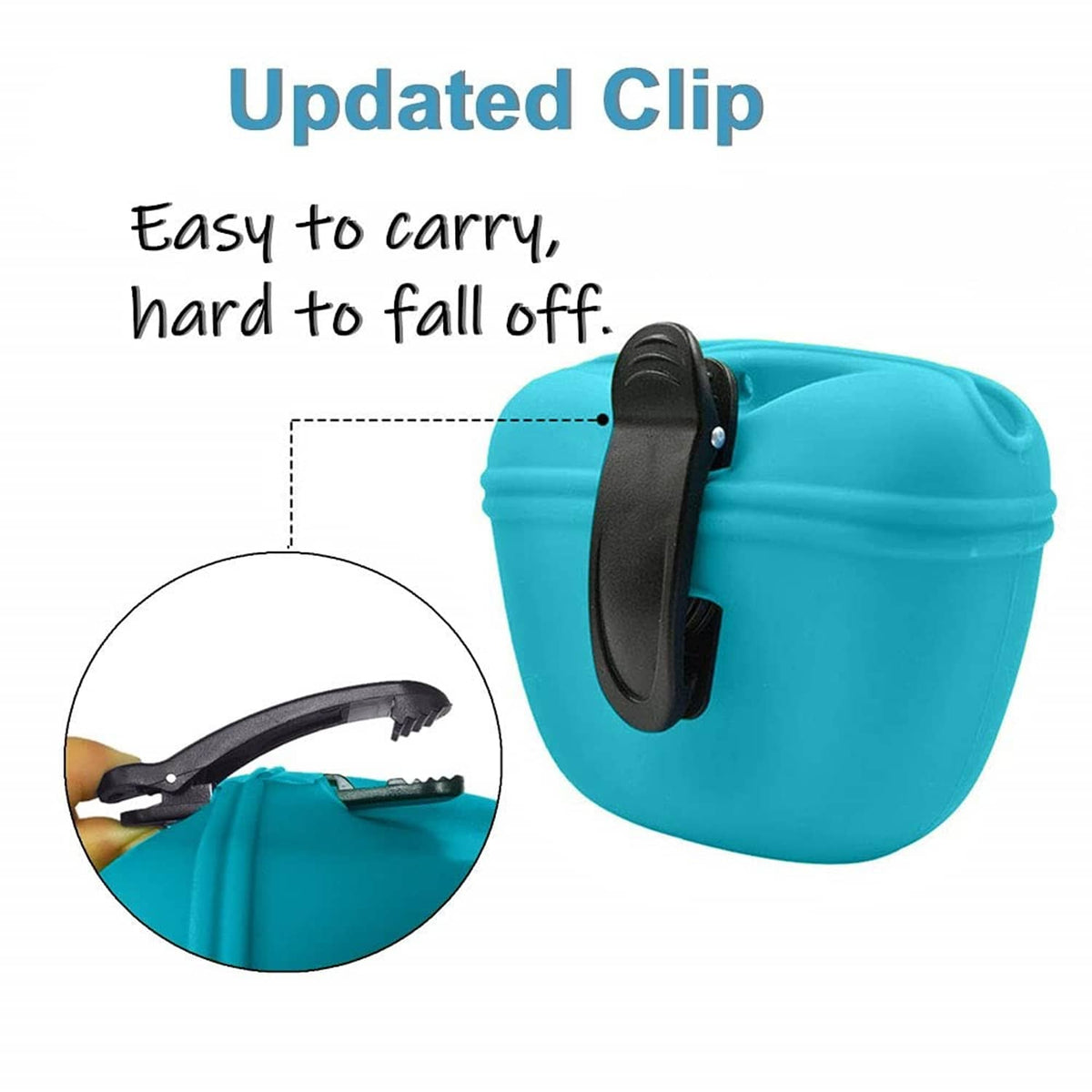Blue silicone dog treat pouch with wide belt clip for secure carry