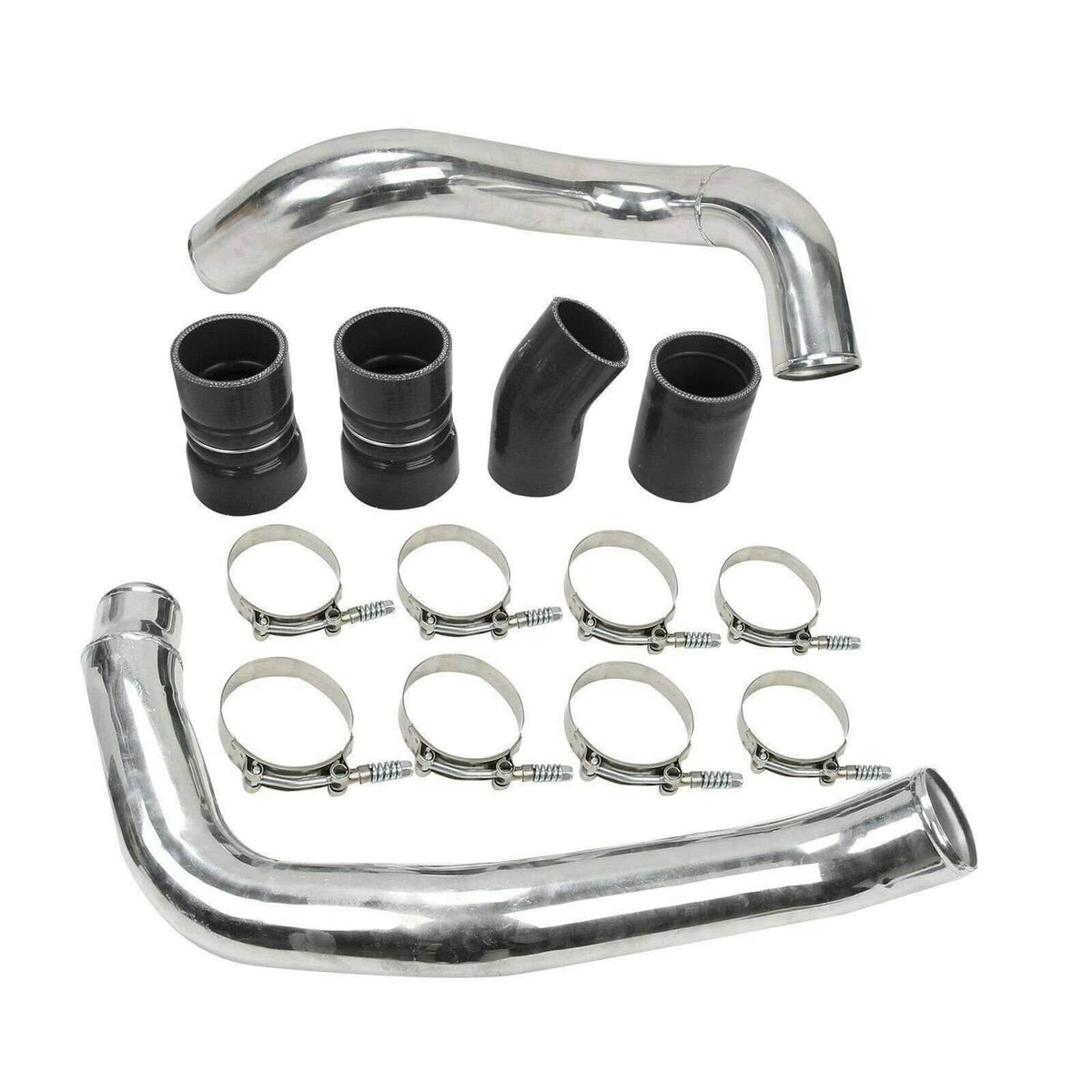 Silver intercooler pipe assembly with black couplers and hose clamps