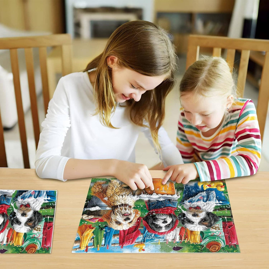 Child and adult assembling a dog-themed jigsaw puzzle on a wooden table