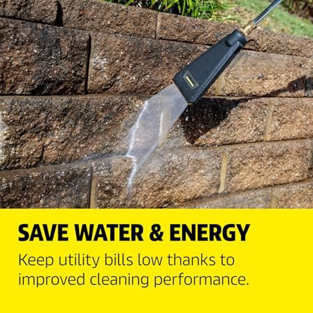 Pressure washer nozzle spraying a wide water stream on brick pavers, outdoor use