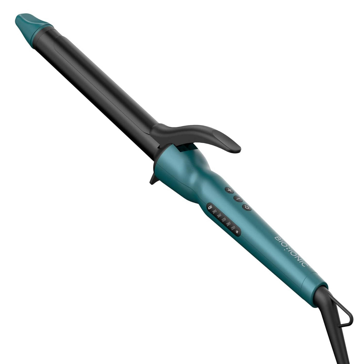 Teal and black 1-inch long barrel curling iron with ergonomic handle and hanging loop.
