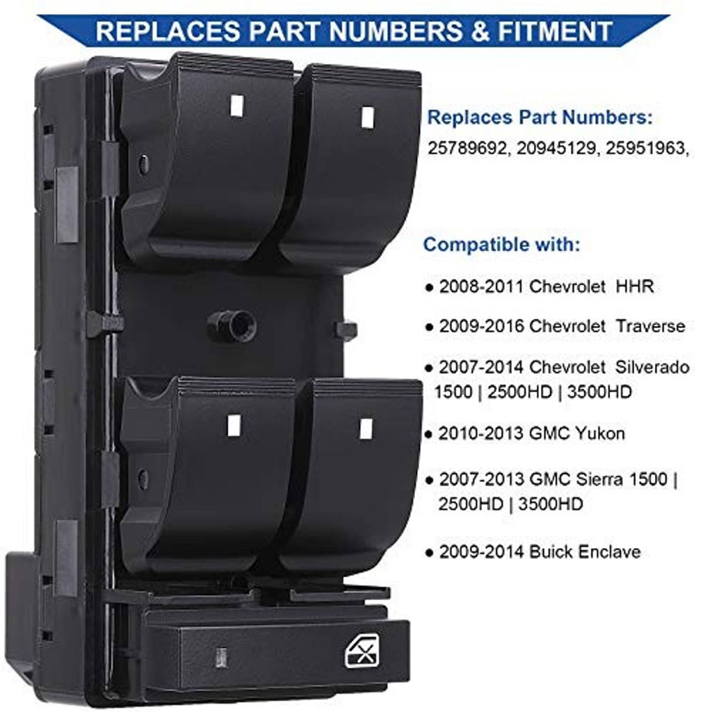 Black power window switch module with front button grid and side connector brackets