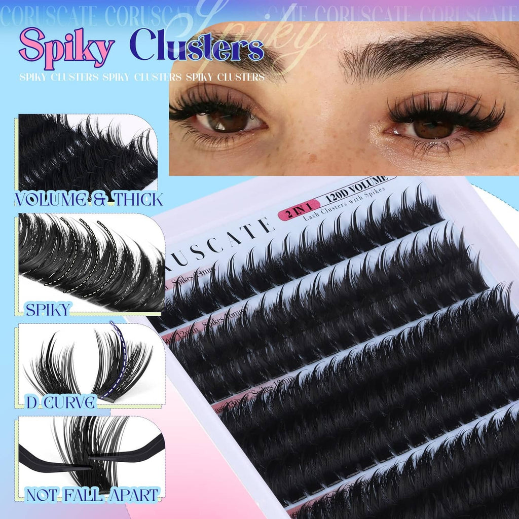 Spiky black lash cluster extensions tray with thick, layered cluster strips
